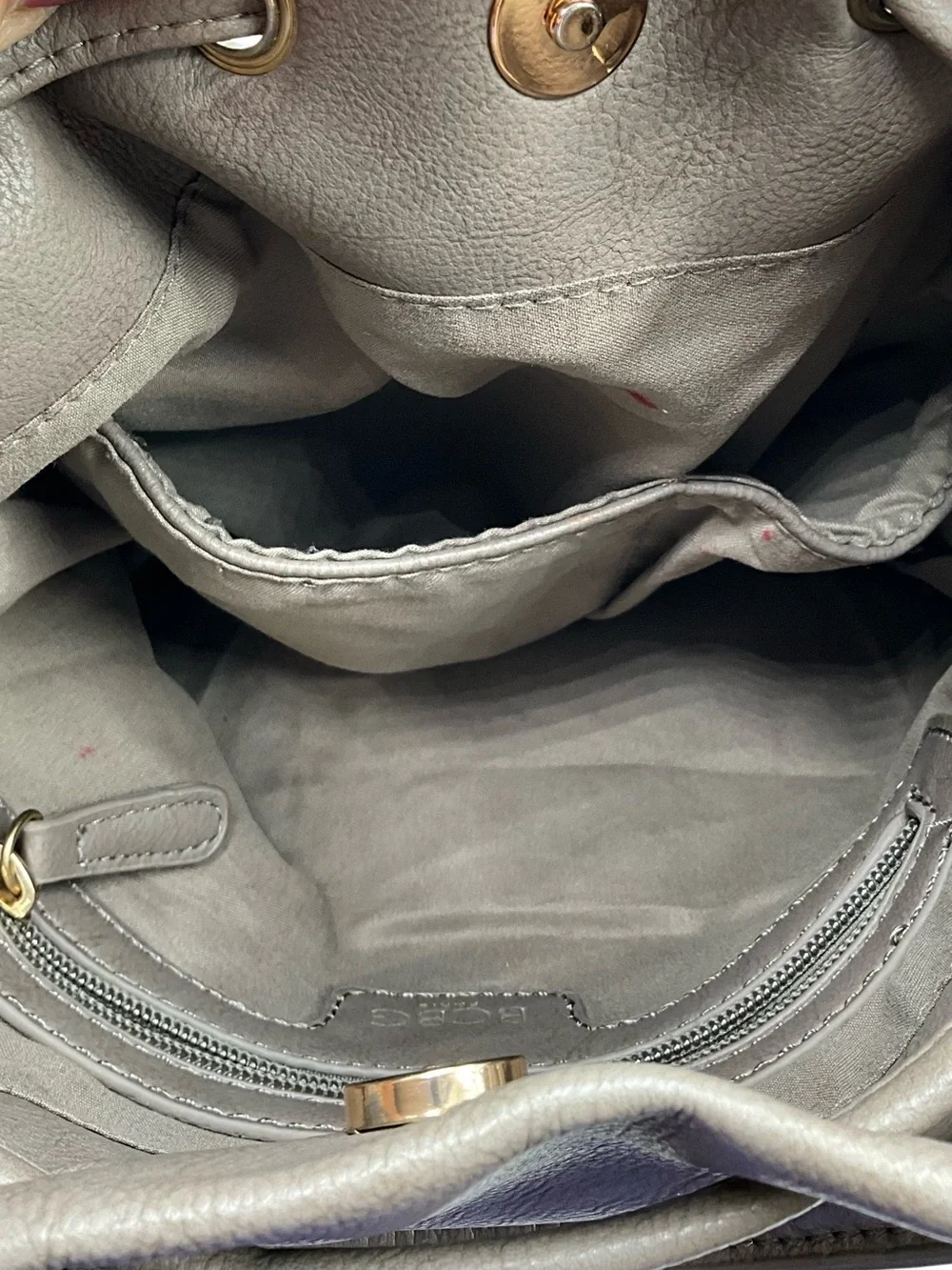 BCBG Paris Bucket Bag Taupe Fringe Drawstring Hobo Bag